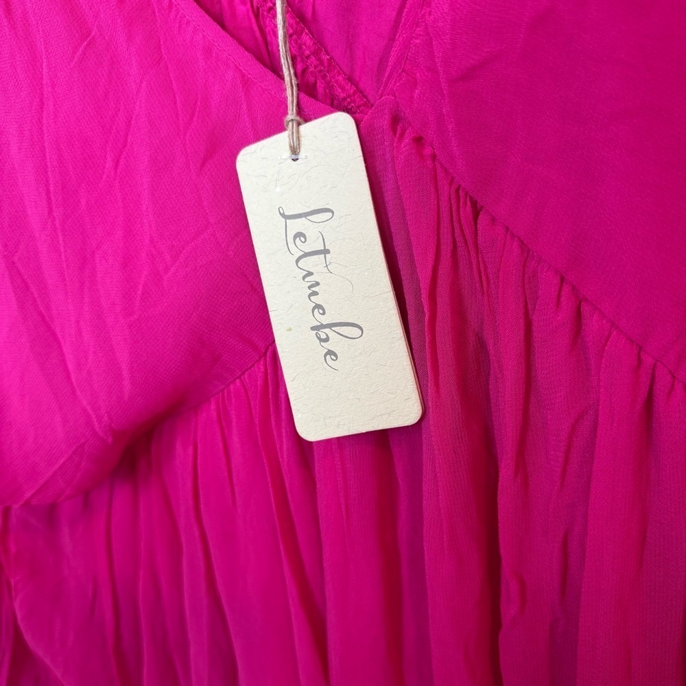 NWT Anthropologie Let Me Be Fuchsia Pink V-Neck Babydoll Mini Dress - Large - Picture 7 of 10